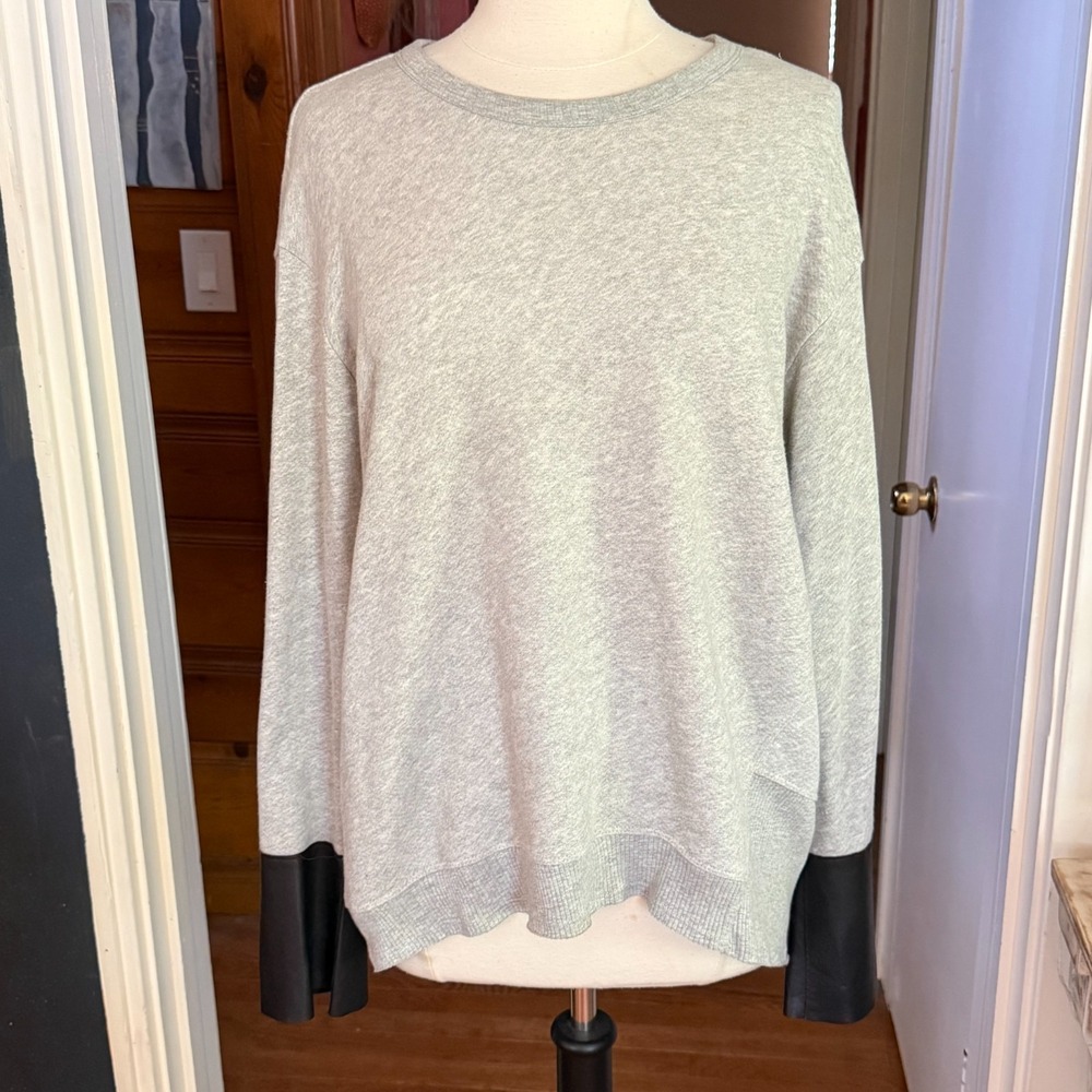 Wilt Gray Sweatshirt Tunic Sz S Oversized 46" Bust Black Leather Cuffs Asym Hem